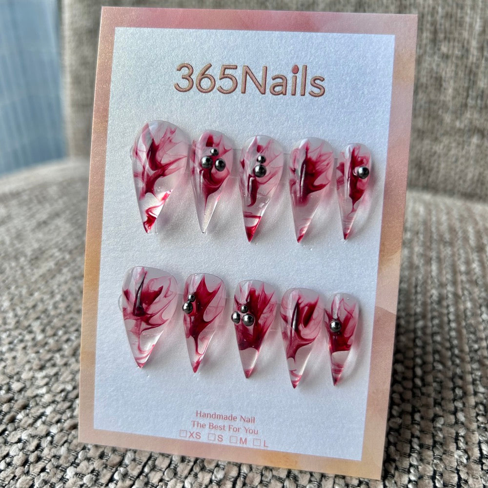 血玫瑰龍爪尖形透明果凍／紅色墨水大理石紋與金屬鉚釘｜365Nails 頂級手工製 龍爪甲