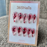 Bloody Rose Dragon Claw Stiletto Clear Jelly with Red Ink Marble & Metal Studs｜365Nails Premium Handmade Dragon Nail
