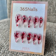 血玫瑰龍爪尖形透明果凍／紅色墨水大理石紋與金屬鉚釘｜365Nails 頂級手工製 龍爪甲