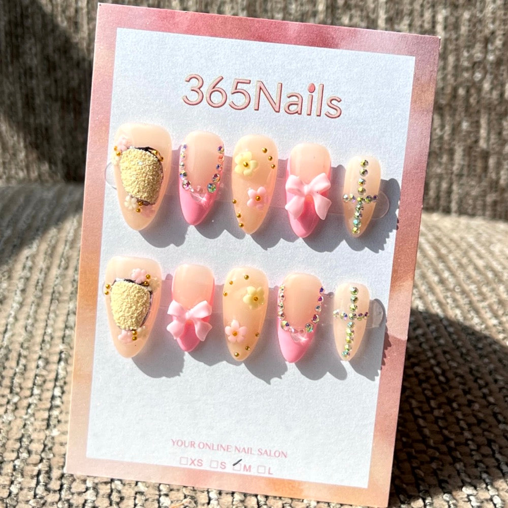365nails: "Sweetheart's Garden" – 3D Bow & Heart Handmade Almond Nails