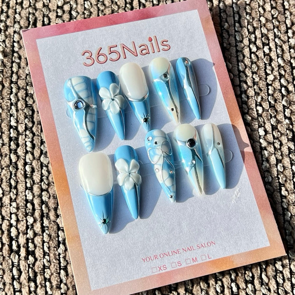 365nails: "Blue & Silver Croc Print" – Handmade Medium Stiletto Press-On Nails
