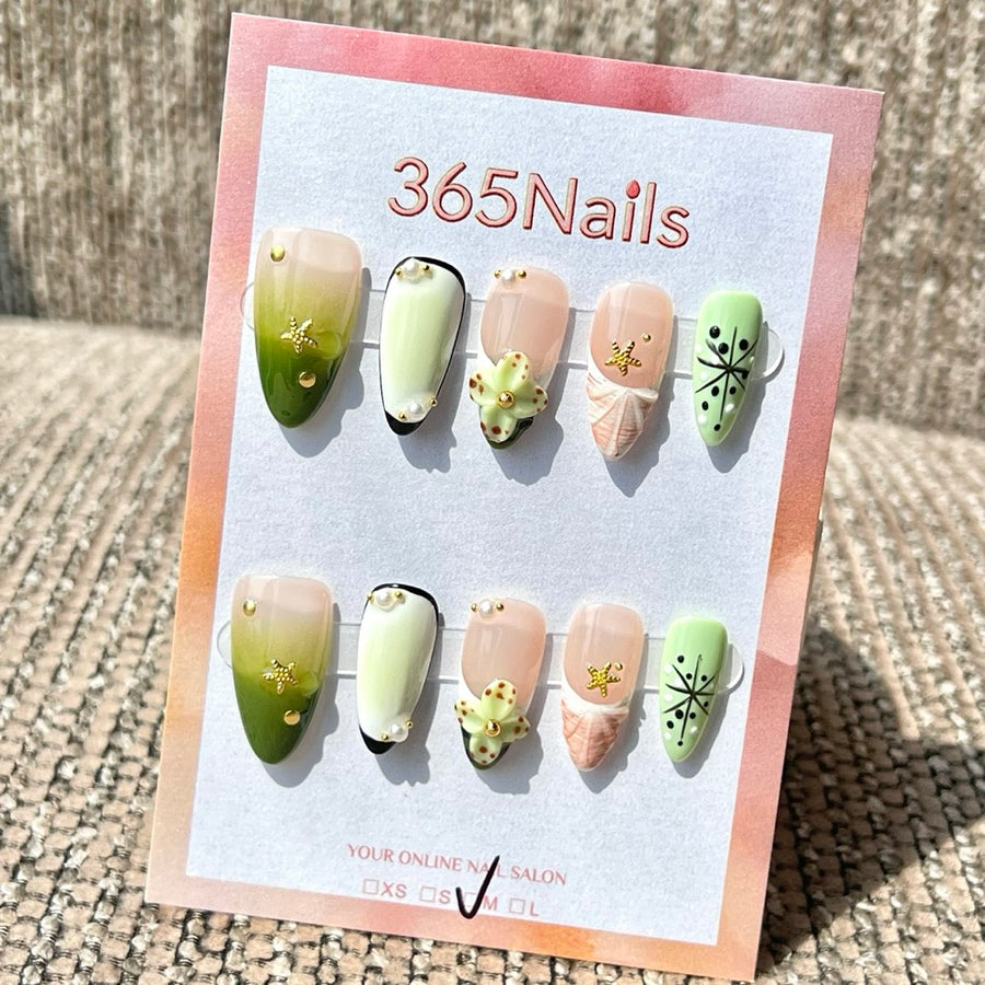 365nails: 그린·핑크 불가사리·조개·꽃 3D 수제 미디엄 스틸레토형 프레스온 네일