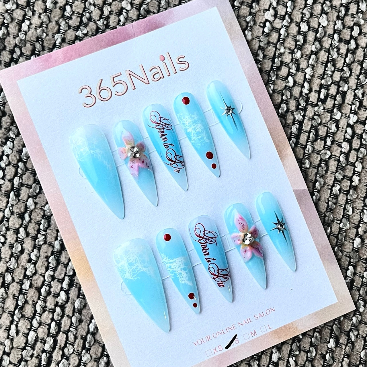 Blue Ombre Press-On Nails with 3D Flowers & Lettering