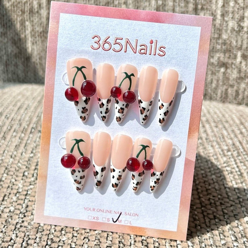 365nails: "Cherry Leopard French" – 3D Cherry Handmade Stiletto Nails