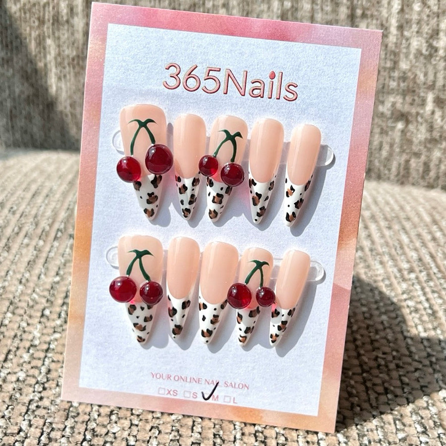 365nails: "Cherry Leopard French" – 3D Cherry Handmade Stiletto Nails