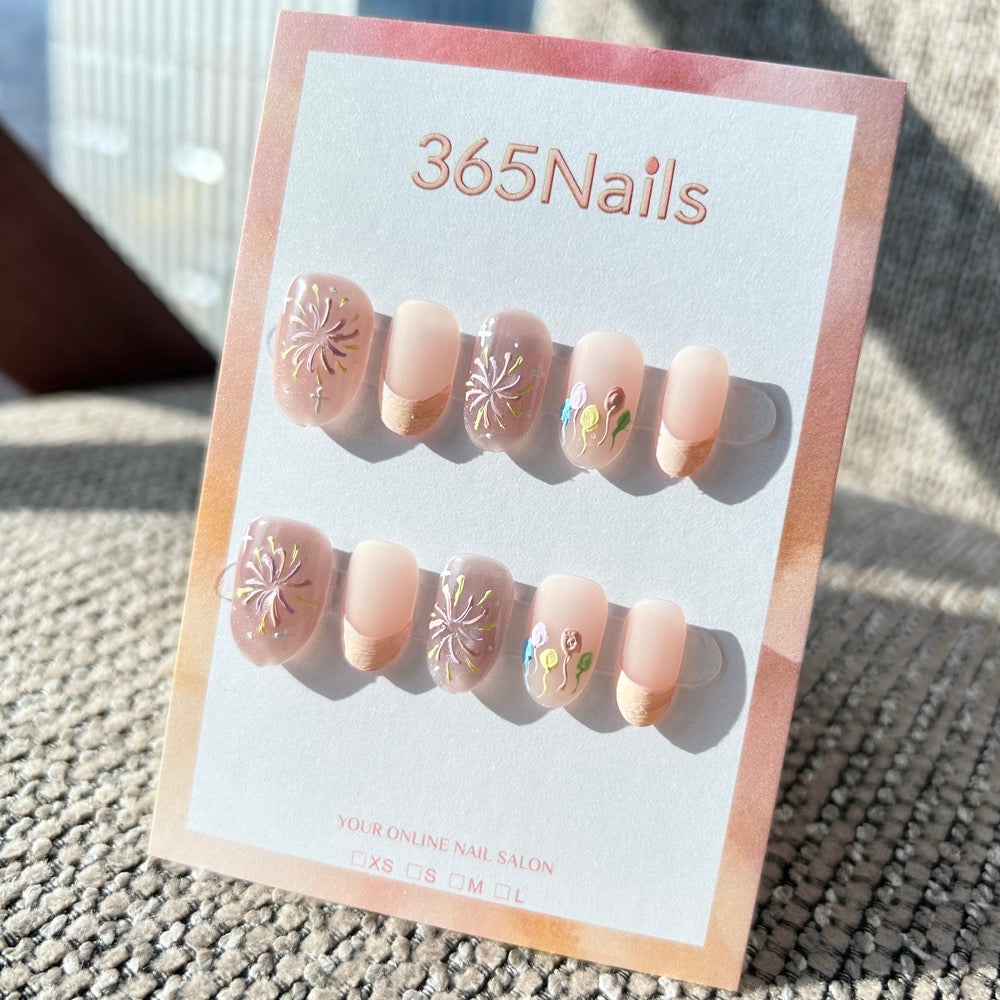 Sweet & Dopamine: "Midnight Celebration" – Sheer Mauve & Matte Nude, Hand-Painted Fireworks & Balloons Short Nails