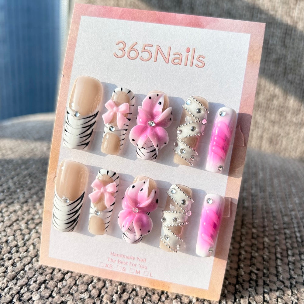 Sculpted Flora: "Wild Pink Zebra" – 3D Bows & Hot Pink Flowers on Zebra Print & Chain Detail Coffin Nails