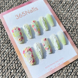 Sweet & Dopamine: "Lime Sorbet Garden" – Pale Lime Sugar Glitter, Impasto Floral & Plaster Texture Press-on Nails