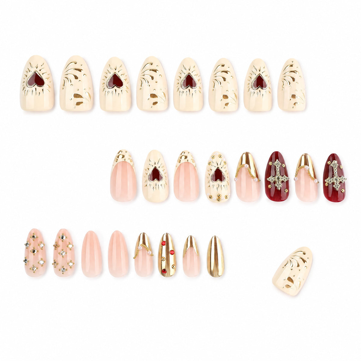 Full press-on nail set laid out in three rows with a 3D effect note