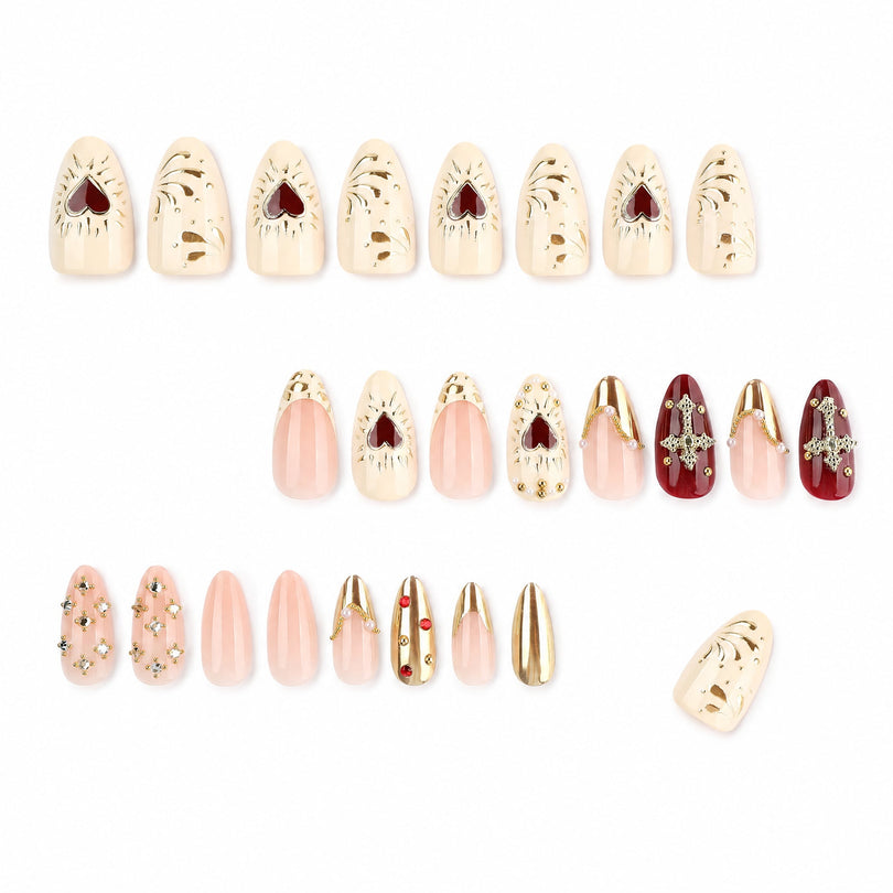 Full press-on nail set laid out in three rows with a 3D effect note