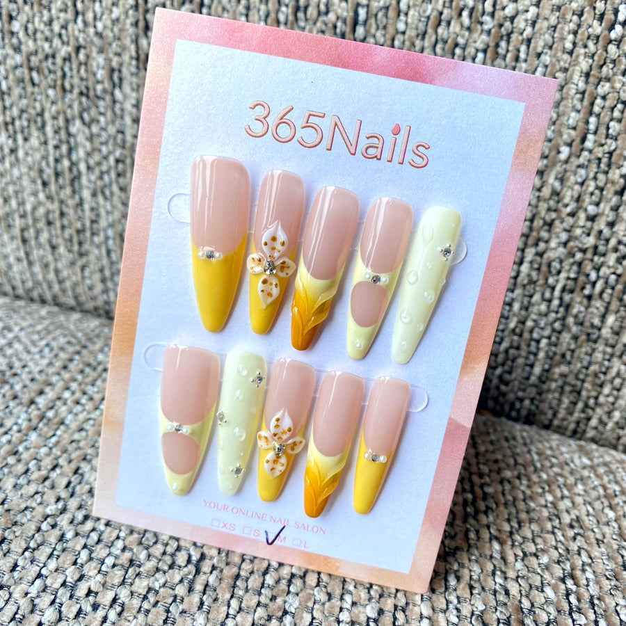 365nails: "Sunny Petal French" – 3D Floral & Crystal Embellished French Handmade Stiletto Nails