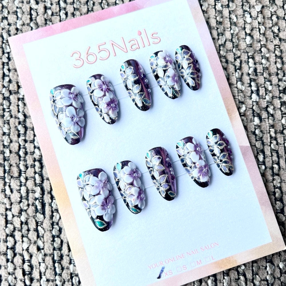 365nails：「午夜蘭花」—3D立體花朵 手工製 中長款 棺材形 穿戴甲