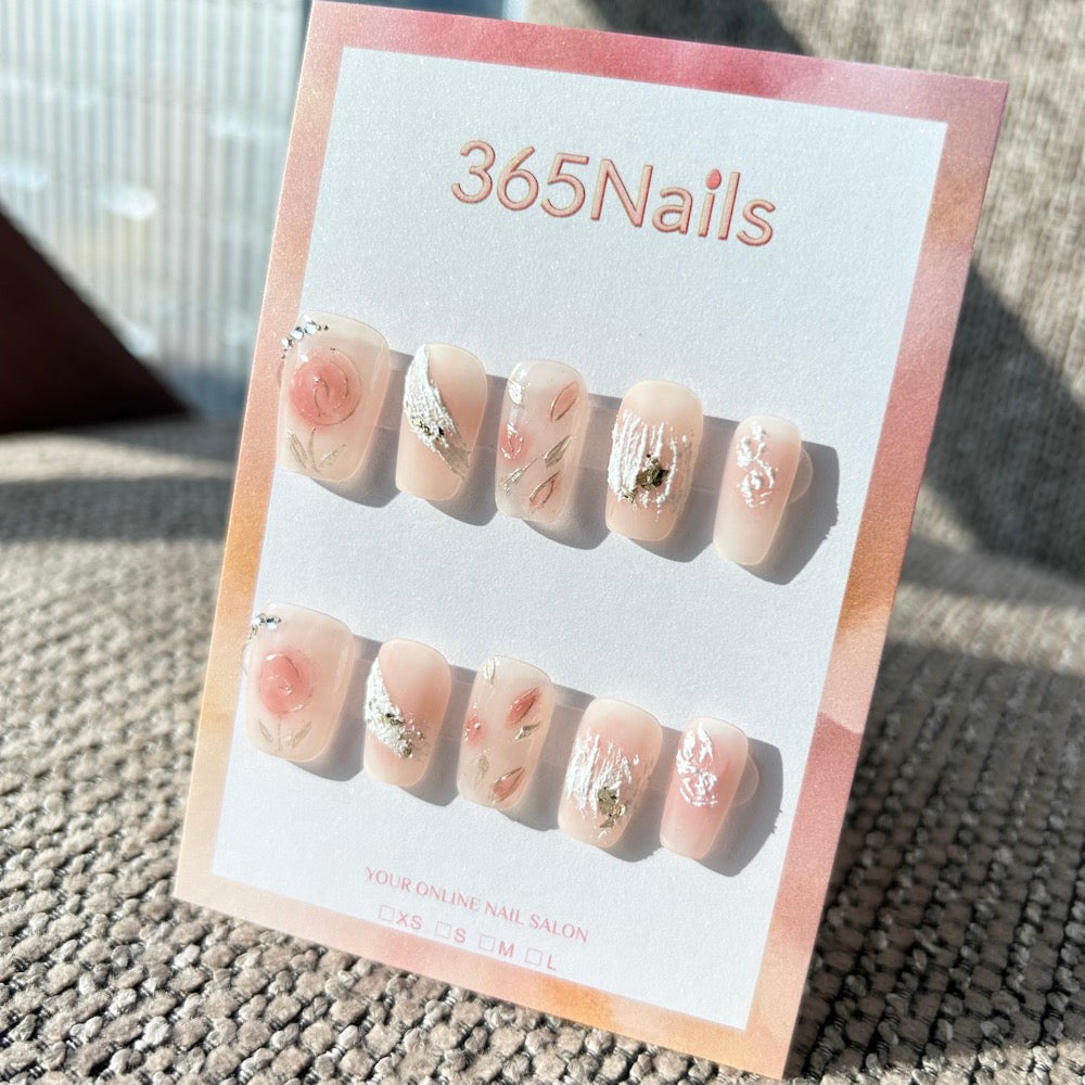 Sweet & Dopamine: "Blush Rose & Plaster Art" – Sheer Pink Base, White Texture Stroke, Silver Foil & Abstract Rose Press-on Nails