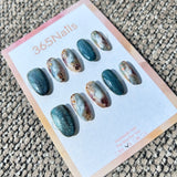 "Deep Forest Agate" – Dark Teal Green Cat Eye & Earthy Brown Marble with Gold Flakes Oval Nails