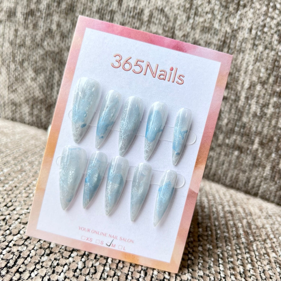 365Nails: "Ice Mist Ink Flow" – unhas postiças artesanais (Impressão de Lavagem de Tinta/Tecnologia Futurista)