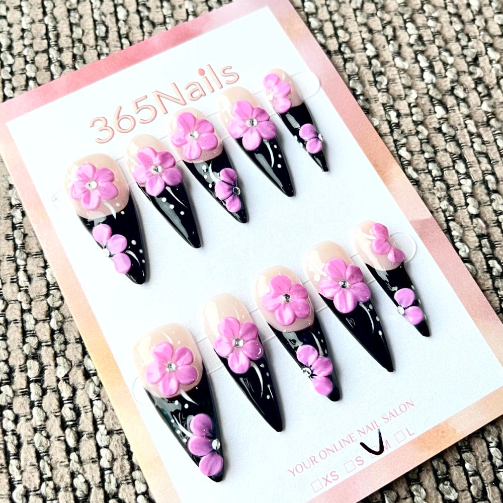 365nails : "Jardin de minuit" – Ongles stiletto faits main avec fleurs 3D