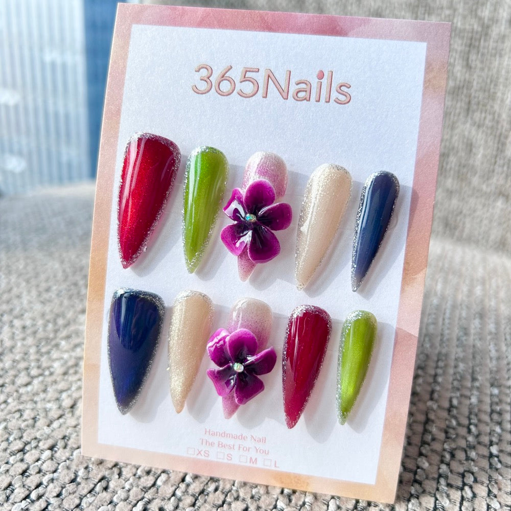 Sculpted Flora: "Jewel Tone Blossom" – 3D Purple Floral & Multicolor Glitter Edge Long Stiletto Nails