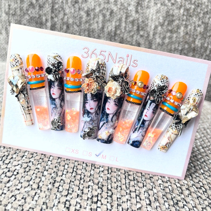365nails: "Amber Muse" – 3D 피규어 아트 수제 프레스온 네일 코핀형-5.5cm