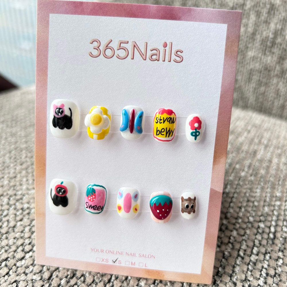 Cartoon & Dopamine: "Strawberry Picnic" – Black Cat, Strawberry Milk, 3D Flower & Butterfly Short Nails