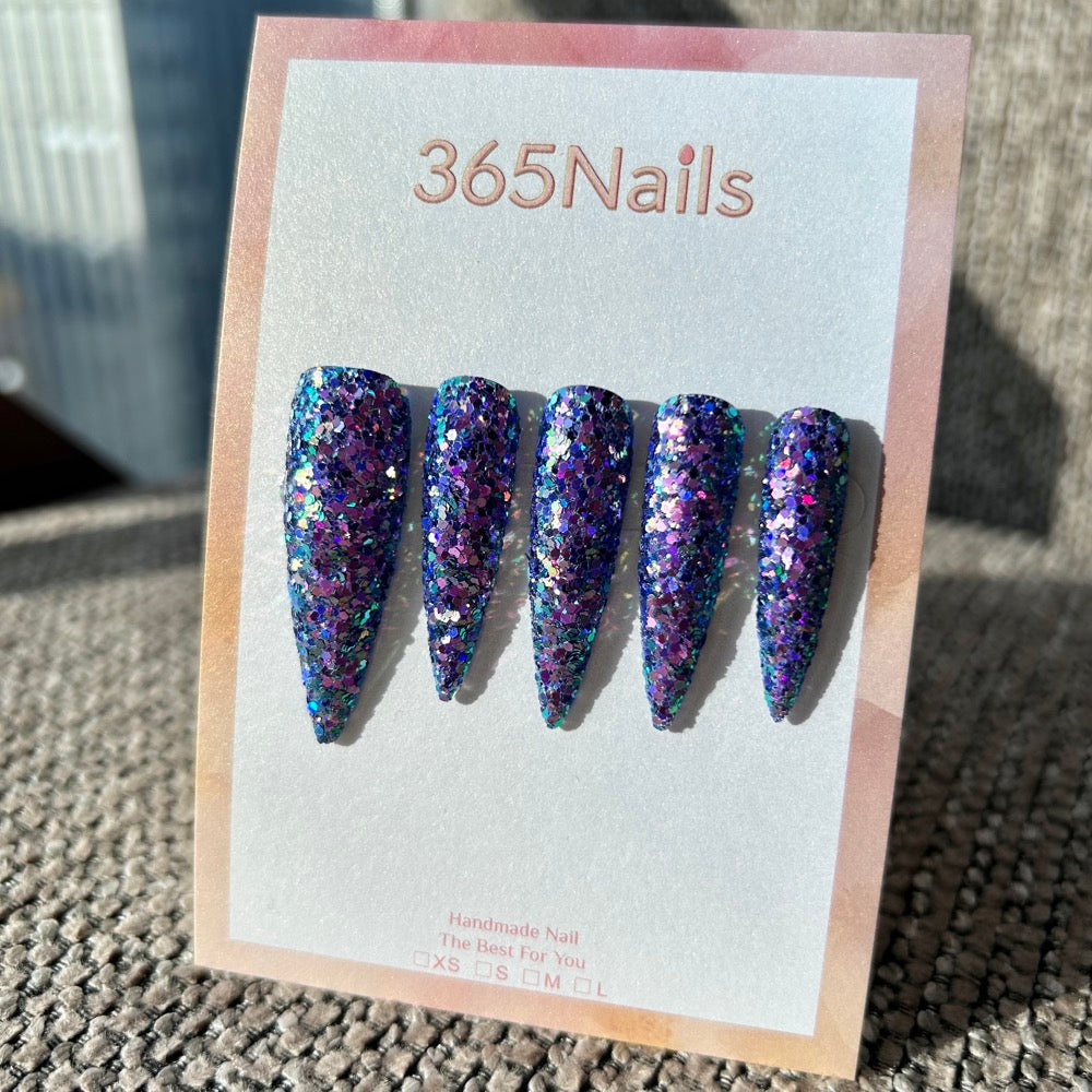 Galactic Mirage Press On Nails Blue Purple Fine Glitter Stiletto| Starry Glitter · Sparkling Series