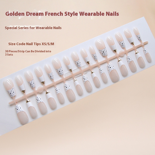 Pontas de unha pré-fabricadas, unhas tridimensionais douradas, estampa de leopardo francesa, patch de manicure para meninas doces, 30 peças｜365nails