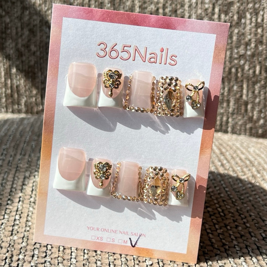 365nails: "Gilded Opulence" – 3D Gold Charms & Jewels Handmade Press on Nails Short Square Nails