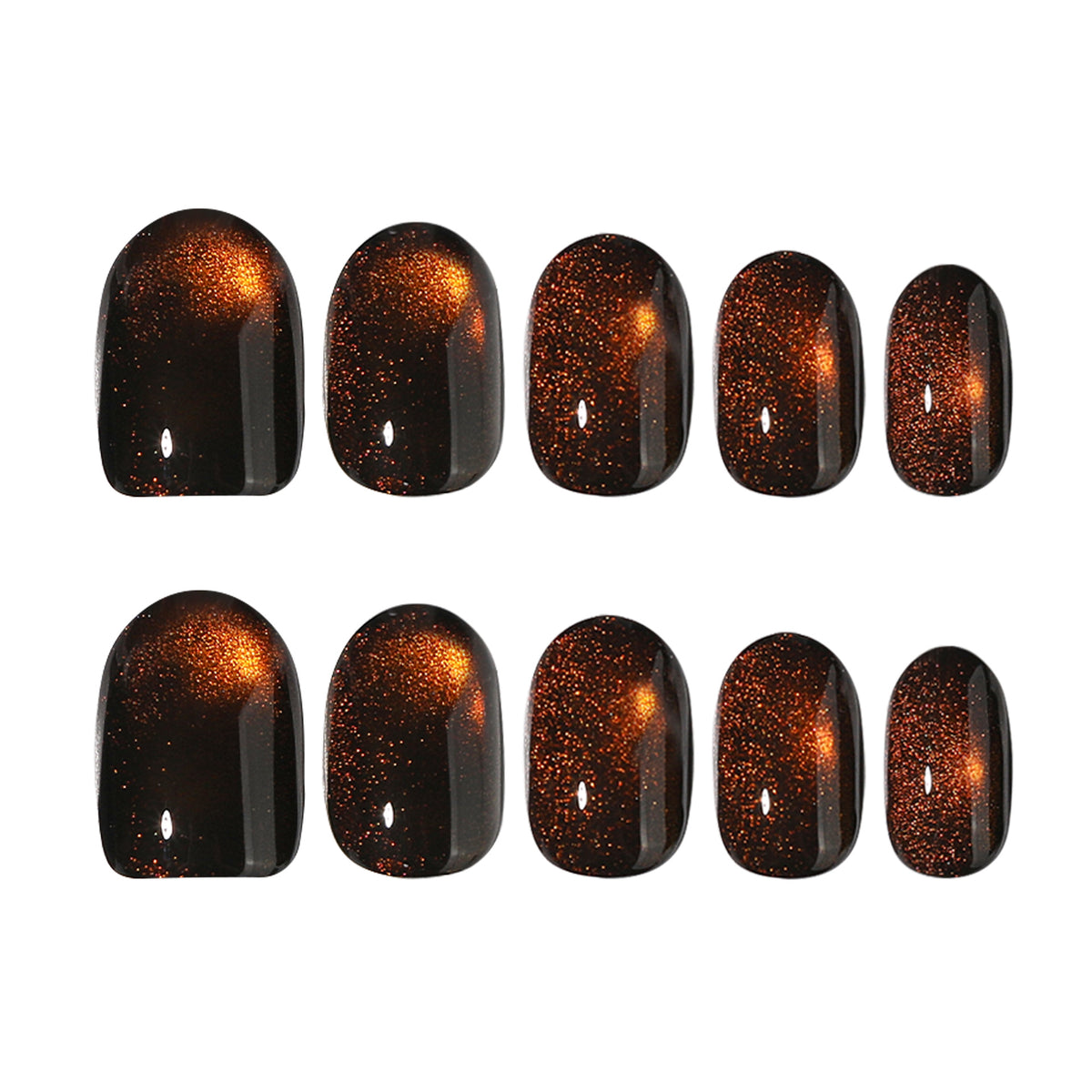 Ten brown cat-eye press-on nails in graduated sizes for a full set