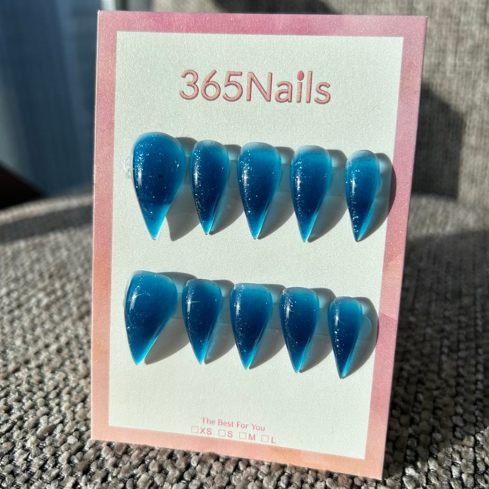 Deep Sea Stardust Dragon Claw Stiletto Jelly Blue Glitter Handmade Dragon Nail