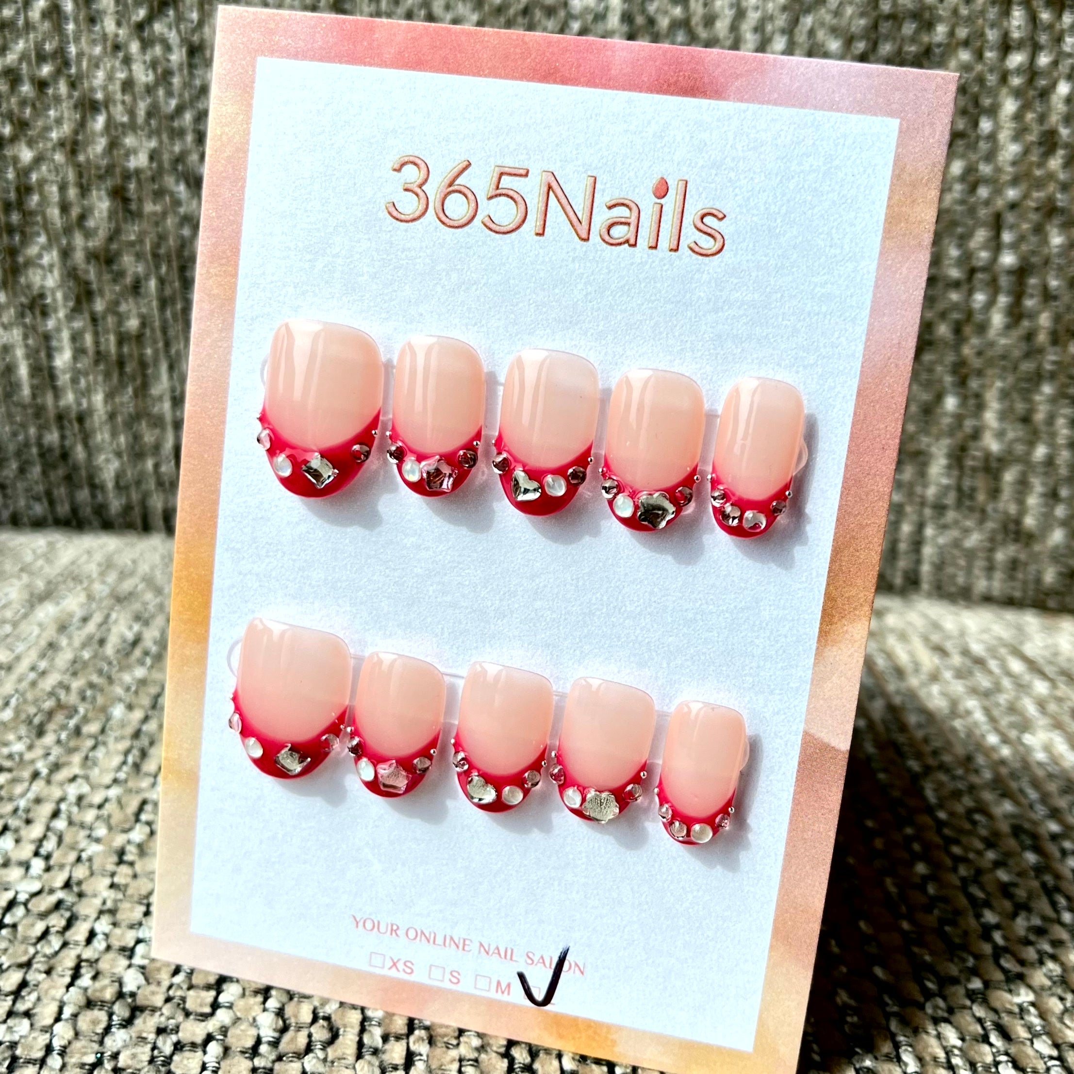 365nails: "Crimson Jewel" – Red French Tip Crystal Handmade Press on Nails Short Square Nails