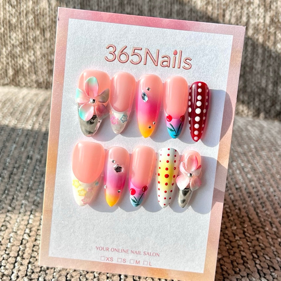365nails: "Y2K Cherry Polka Dot" – Handmade Medium Almond Press-On Nails