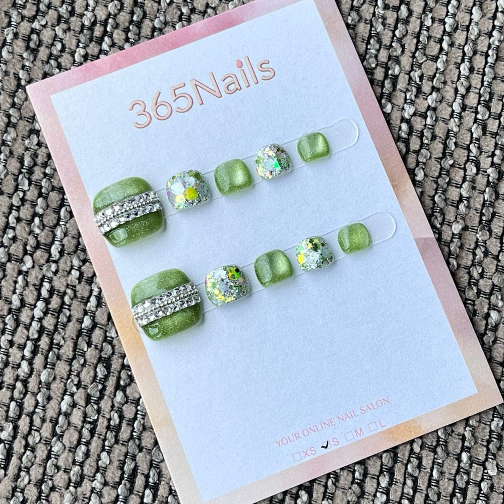 Lime Green Rhinestone Glitter Press-On Toenails