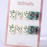 Milky white and dark green branches and leaves × hand-painted butterflies press on nail
