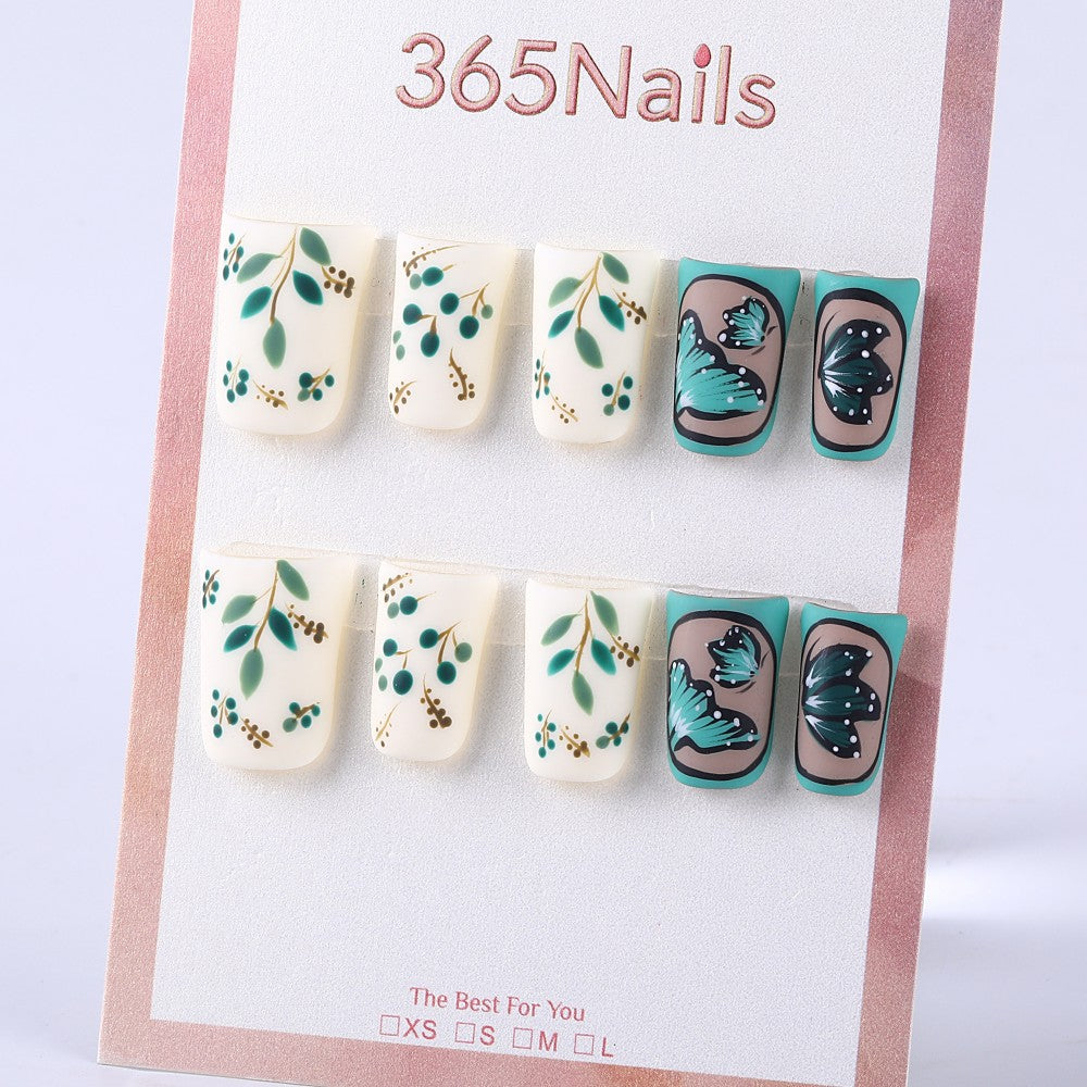 Milky white and dark green branches and leaves × hand-painted butterflies press on nail