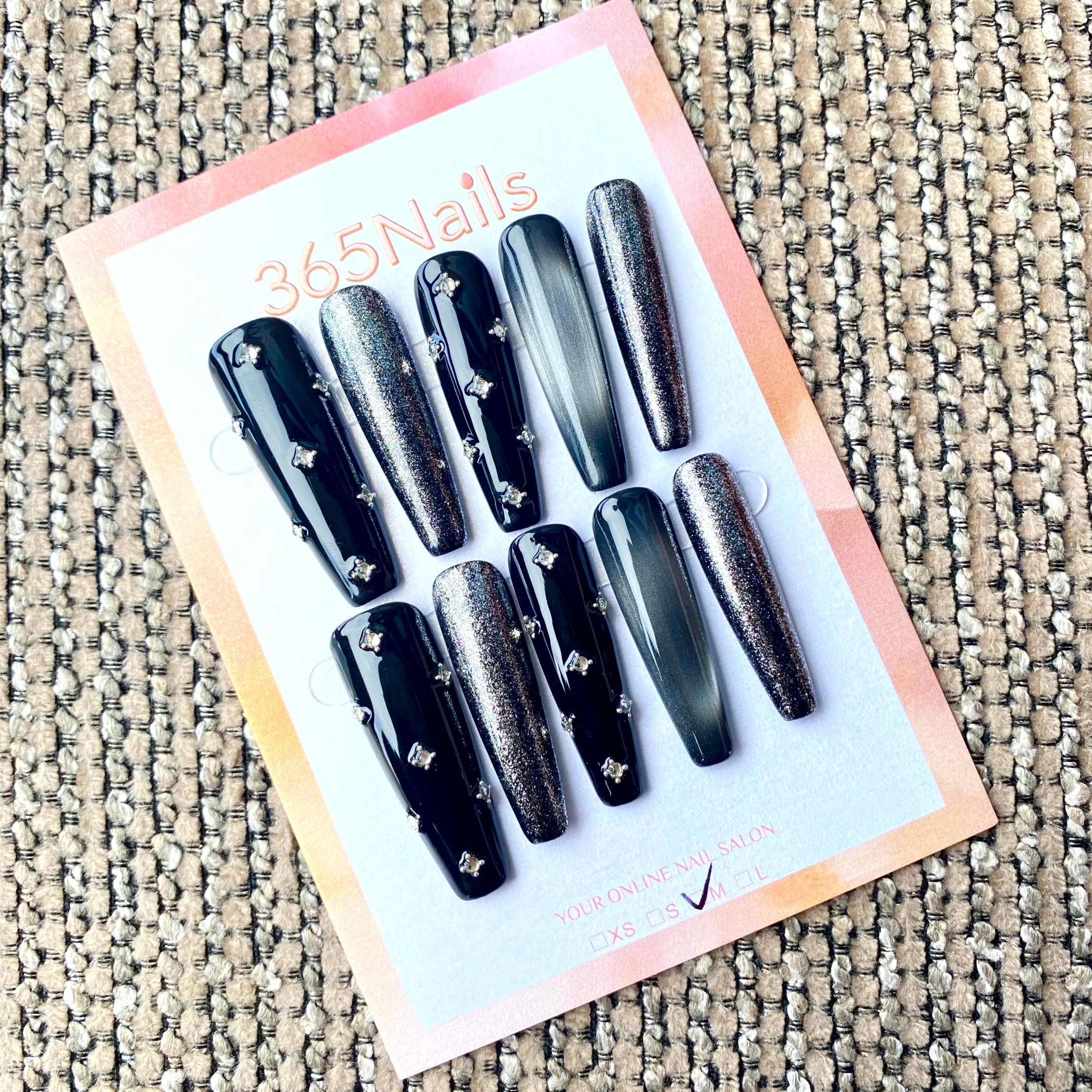 365nails: "누아르 스타라이트" – 코핀형 수제 프레스온 네일