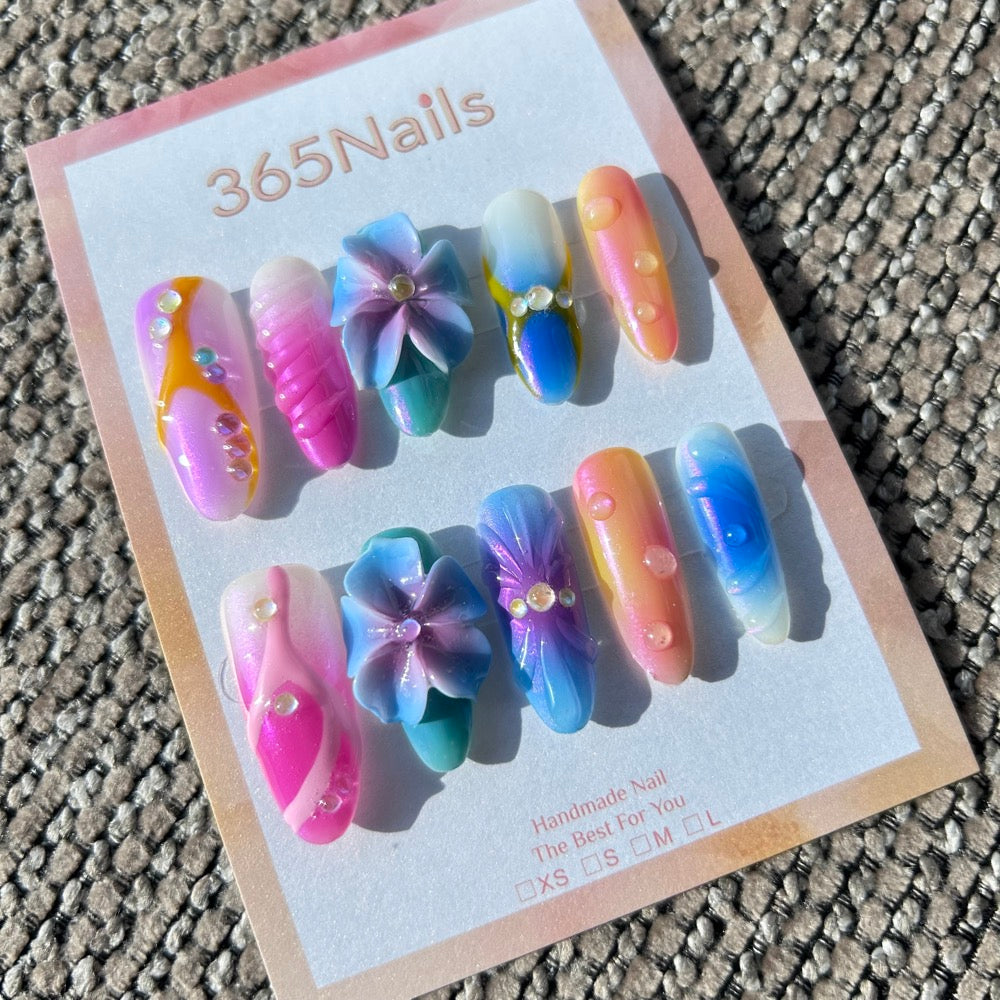 Sculpted Flora: "Tropical Aurora Reef" – 3D Blue-Purple Flower with Multi-Color Cat Eye & Water Droplets Coffin Nails