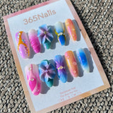 Sculpted Flora: "Tropical Aurora Reef" – 3D Blue-Purple Flower with Multi-Color Cat Eye & Water Droplets Coffin Nails