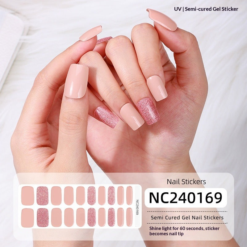 Semi-Cured Gel Nail Strips Sparkle Diagonal Cat Eye Glossy Design (MOQ=3)