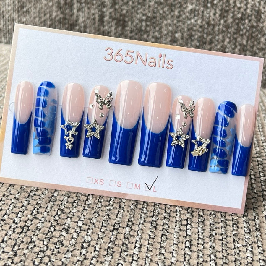 365nails: "Celestial Midnight" – 3D Star Butterfly Handmade Press on Nails Long Coffin Nails