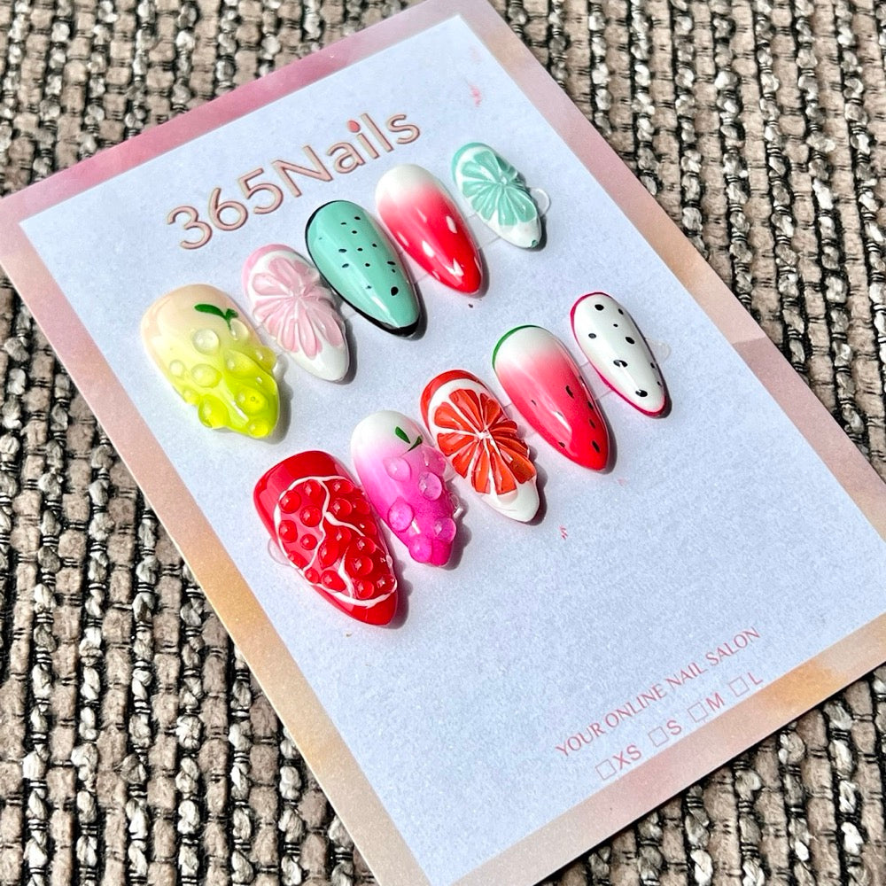365nails: "Tropical Fruit Medley" – 3D Citrus & Berry Handmade Medium Almond Press On Nails