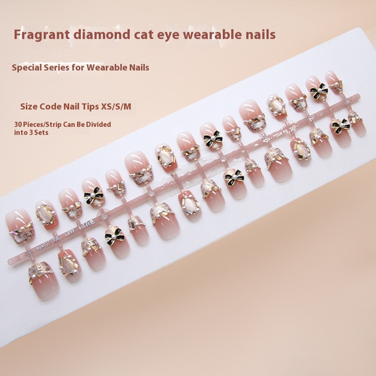 Nail Tips  Prefabricated Nail cat eye Maillard Xiaoxiangfeng Pearl Pile Diamond Bow Fine Flash Nail Patch Diamond 30 pieces｜365nails