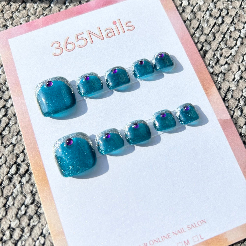 365nails: "teal silver french" – handmade press-on toenails / pedicure