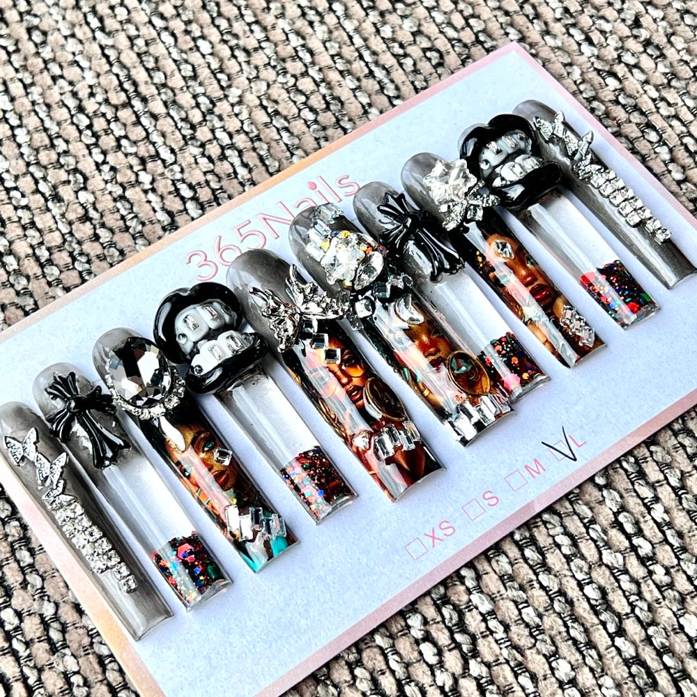 365nails: "Charcoal Iconic Glam" – Handmade Portrait Liquid Motion Press-On Long Pipe Nails-5.5cm
