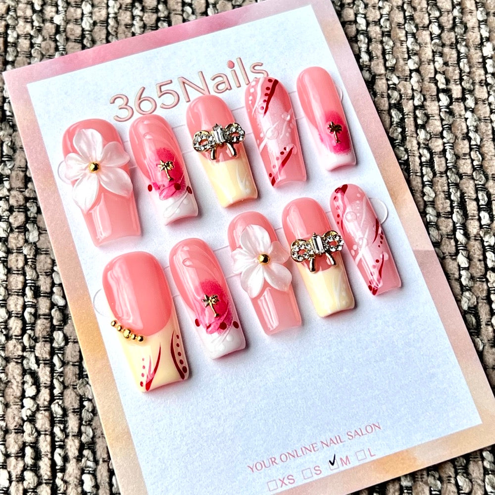 365nails: "Blush Petal & Bow" – Handmade Medium Square Press-On Nails