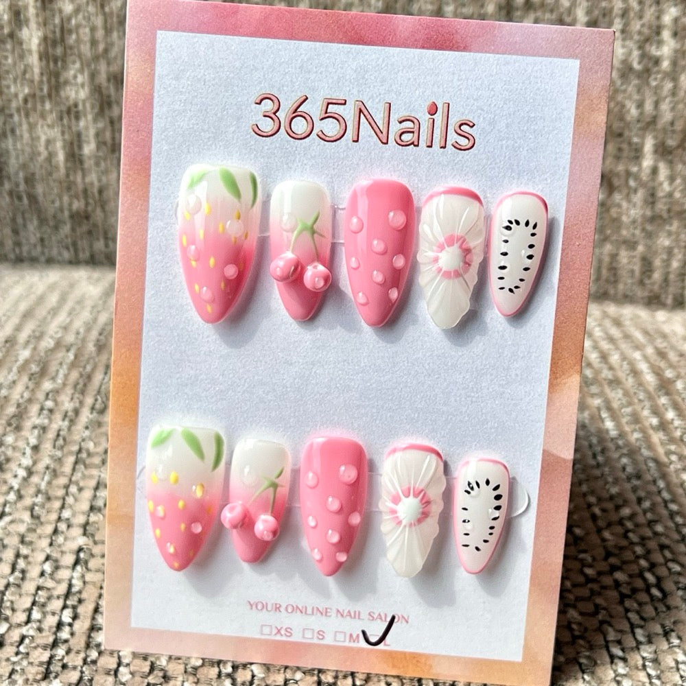 365nails: "핑크 과일 믹스 3D" 수제 미디엄 스틸레토형 프레스온 네일