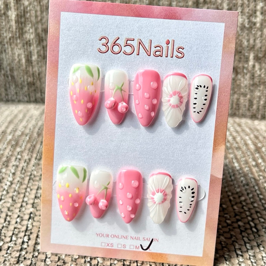 365nails: "핑크 과일 믹스 3D" 수제 미디엄 스틸레토형 프레스온 네일
