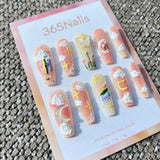 Sweet & Dopamine: "Rainbow Peach Sorbet" – Peach & Lemon Gradient, Sugar Glitter, 3D Rainbow, Cloud, Tulip & Butterfly Press-on Nails