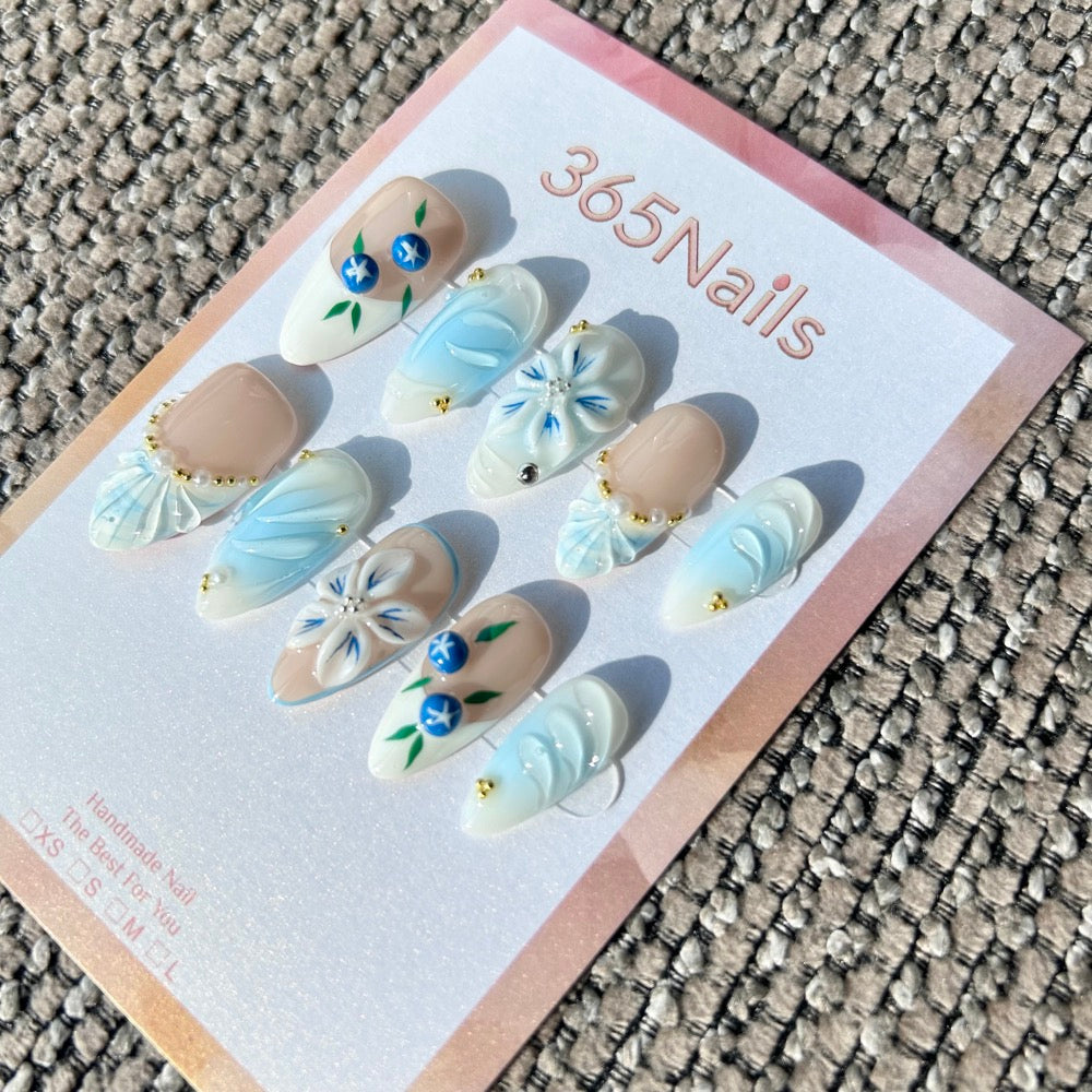 Handmade "Blueberry Porcelain" 3D Floral Press-on Nails | Textured Pleats & Pearl French | Almond | 10pcs Set