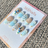 Handmade "Blueberry Porcelain" 3D Floral Press-on Nails | Textured Pleats & Pearl French | Almond | 10pcs Set