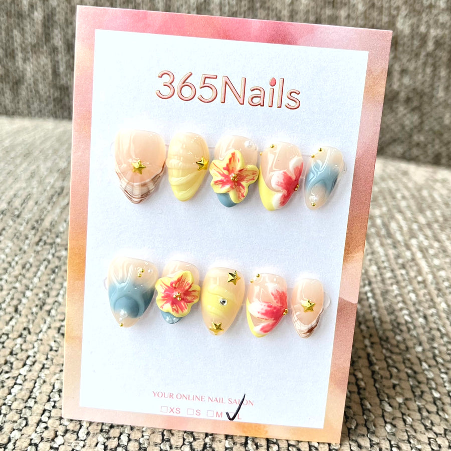 365nails: "Hibisco Pastel" – Unhas Amêndoas Artesanais com Conchas 3D e Flores Tropicais