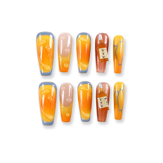 365Nails Honey Amber Long Coffin Press-On Nails with 3D Dew Drops and Mini Bottle Charms